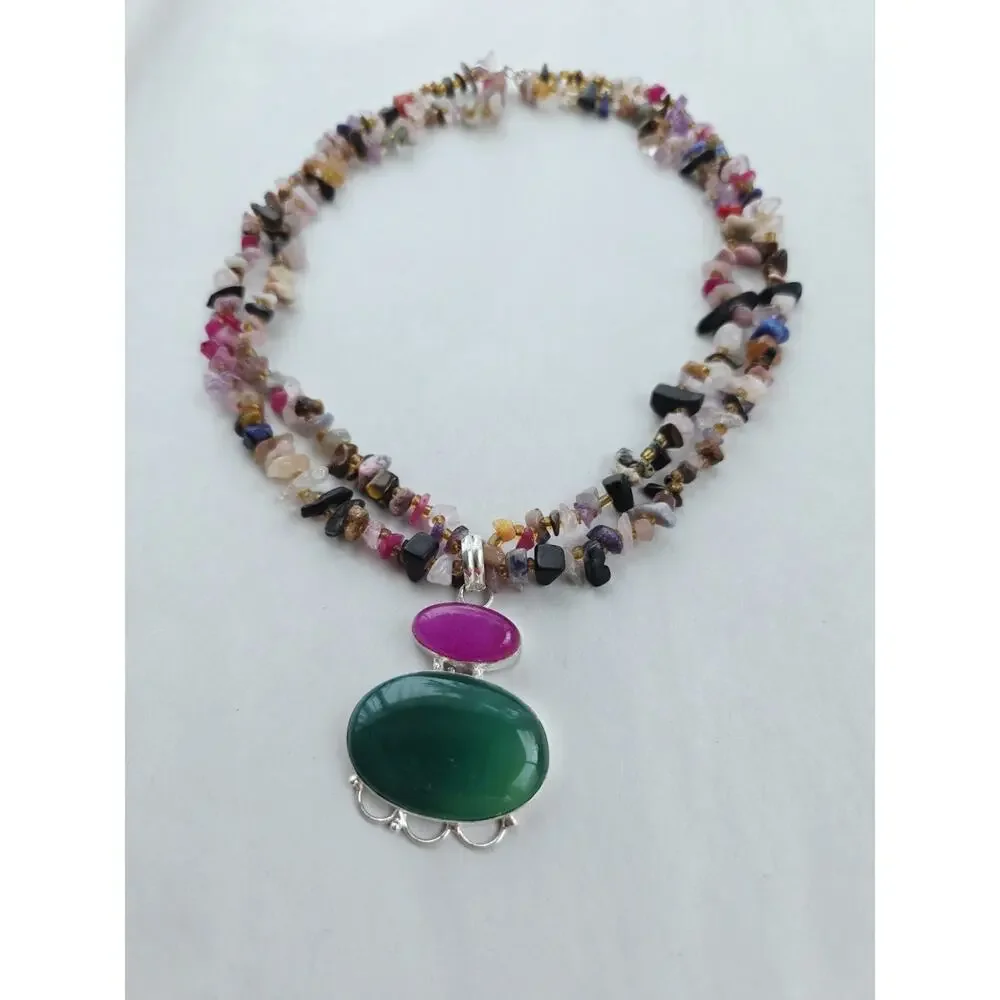 Artisan New Sterling 925 Agate Gemstone Jewel Multi Necklace Colorful Pink Green